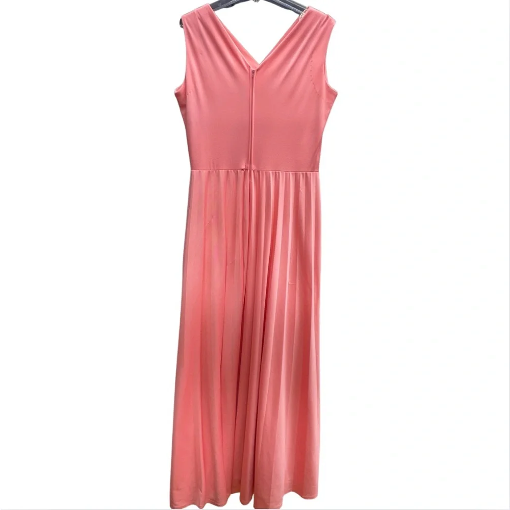 Vintage 1960s Orange V-Neck Sleeveless Pleated Dress With Sheer Tie Cape Sz M - Picture 4 of 8
